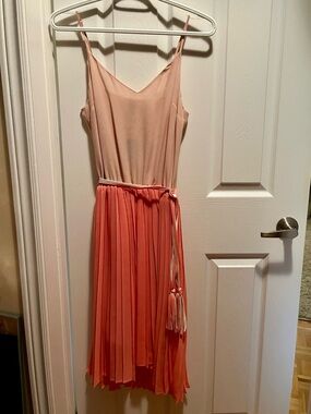 Tristan Two-Tone Spaghetti Strap High-Low Midi Dress in Blush and Coral